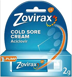 Zovirax Cold Sore Cream Pump (2g) by Zovirax is an anti-viral Aciclovir cream in a blue, white, and orange GSK-branded box. The tube is labeled “PUMP.”.