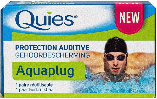 The Quies Aquaplug (1 Pair) box, featuring a swimmer in goggles and cap, emphasizes noise reduction with reusable earplugs for auditory protection. Its blue and green packaging displays text in French and Dutch, with a NEW label in the top right corner. Brand: Quies.