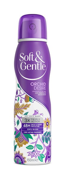 A 150ml can of S&G Soft and Gentle ORCHID Anti-Perspirant Deodorant features floral artwork, provides a long-lasting fragrance, 48-hour sweat protection, and helps prevent white marks.
