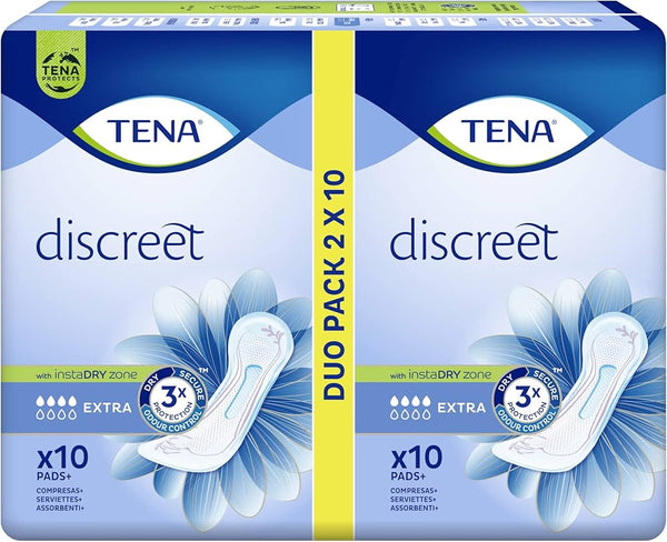 Tena Discreet Extra Duos (2x10) by Tena offers two packs of 10 pads each with 3x protection, instaDRY zone, advanced absorbent technology, and reliable bladder leakage protection. Blue and yellow packs feature a flower graphic.