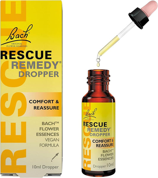 The image showcases a Rescue Remedy Original Dropper (10 ml) bottle and its packaging by Rescue. The vegan formula is designed for stress relief, featuring natural flower essences. A dropper with liquid is poised above the open bottle, delivering calm in each drop.