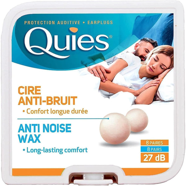 The Quies Earplug Natural Anti-Noise Wax packaging features a peaceful couple sleeping and promises 27 dB noise reduction with long-lasting comfort. Contains 8 pairs.