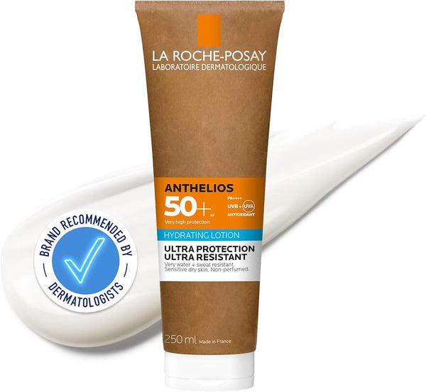 A 250ml tube of La Roche Posay - Anthelios Hydrating Lotion SPF50 offers very high UV protection and water resistance for sensitive skin, with a blue checkmark seal indicating dermatologist recommendation.