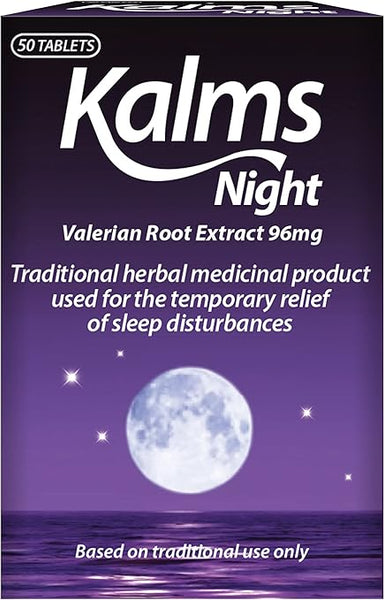 Kalms Night Valerian Root Extract 96mg (50 Tablets) by Kalms promises gentle slumber relief as a traditional herbal remedy for temporary sleep disturbances, depicted against a purple sky with stars and a full moon.