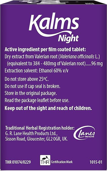 The image displays the packaging for Kalms Night Valerian Root Extract 96mg (50 Tablets), a natural sleep aid by Kalms. The purple box with white text highlights the active ingredient, valerian root, along with usage instructions and product details.