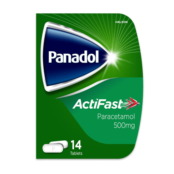 The Panadol Actifast Pain Relief Tablets (Pack of 14) feature green and white packaging, showcasing its 500mg paracetamol pain relief benefit.
