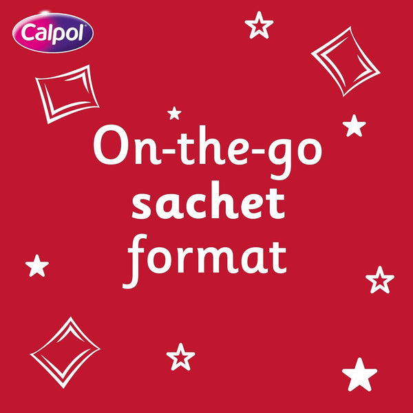 A red image showcases On-the-go sachet format in white text with surrounding white star and diamond shapes. The Calpol logo appears in the top left, emphasizing the convenience of Calpol Six Plus Sugar Free Sachets (12) for instant relief anytime, anywhere.