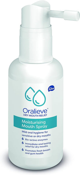 The Oralieve Moisturising Mouth Spray (50ml) in a white bottle with teal and blue designs has a pump dispenser. It offers oral comfort with bio-active enzymes for dry mouth relief and gum health.
