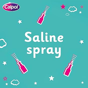 A teal background showcases Saline spray surrounded by pink icons of spray bottles, stars, and clouds. The Calpol logo in the top left promises congestion relief with Calpol Blocked Nose Spray Saline (15ml) for all your blocked nose needs.