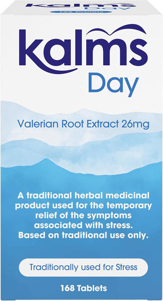 Image of a blue and white Kalms Day box featuring text about its valerian root extract (26mg) for temporary stress relief. Contains 168 tablets.