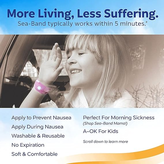 A smiling child wearing a Sea-Band for Children Blue (1 Pair) by Sea-Band waves from a car window. The wristband offers fast relief from travel and morning sickness, is comfortable, reusable, and ideal for kids.