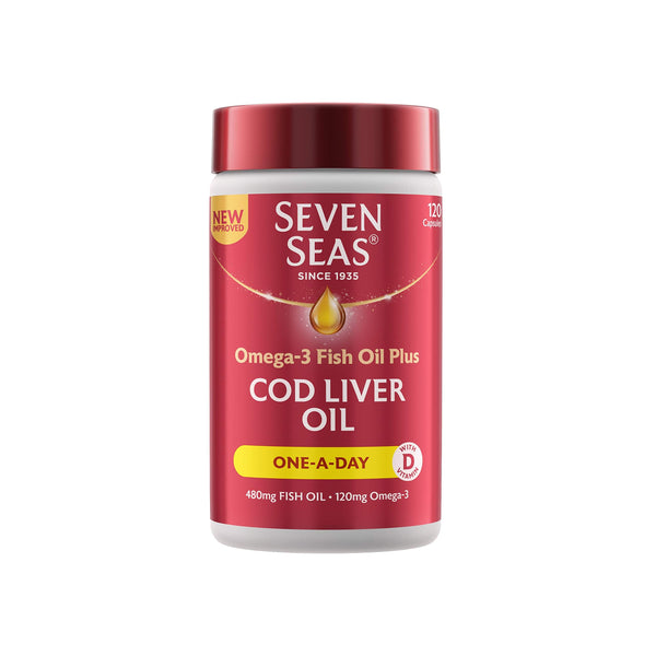 The Seven Seas One-A-Day Cod Liver Oil container, featuring prominent Omega-3 Fish Oil Plus and Vitamin D, holds 120 red and white capsules with 480mg fish oil and 120mg Omega-3 enriched with Vitamin D per capsule.