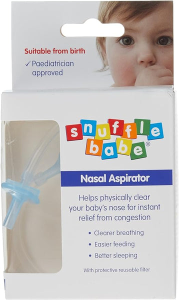 The image shows a Snufflebabe Nasal Aspirator (15ml) package with a baby photo and text promoting its hygienic mucus removal to enhance breathing, feeding, and sleep. It is paediatrician approved and provides effective nasal congestion relief from birth.