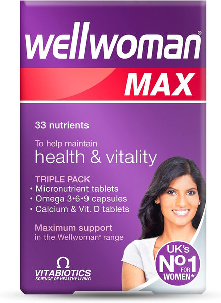 Vitabiotics Wellwoman Max 84 Tablets and Capsules pack, featuring a smiling woman, highlights 33 nutrients for women’s health, including micronutrients, omega 3-6-9, calcium & vitamin D—UKs No.1 nutritional support brand.