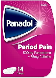 A box of Panadol Period Pain Tablets, designed for effective period pain relief, contains 14 pink tablets with optizorb formulation for fast absorption. The packaging highlights 500mg Paracetamol + 65mg Caffeine beneath a blue logo.