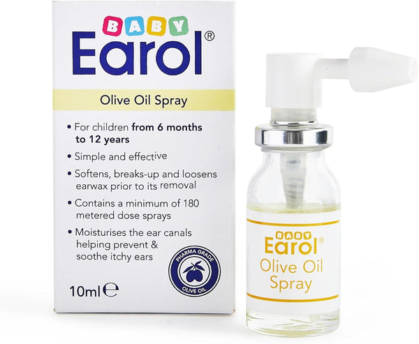 The Baby Earol Olive Oil Spray (10ml) from Earol is designed for children aged 6 months to 12 years. It assists in ear wax removal, moisturizes ear canals to alleviate itchiness, and provides 180 metered doses.