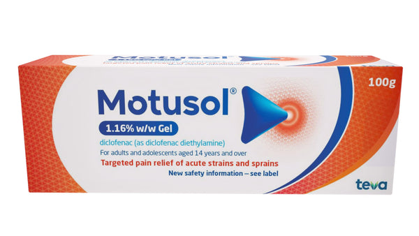 Motusol 1.16% Gel (100g) by Motusol features an orange and white design, containing diclofenac for pain relief from acute strains and sprains in adults and adolescents aged 14+.