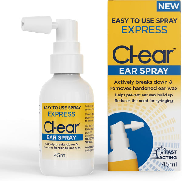 Image of Cl-ear Express ear spray and packaging. The white 45ml bottle with a pump nozzle, labeled Easy to Use Spray Express, ensures efficient ear hygiene. The blue and yellow box emphasizes its effectiveness in breaking down and removing hardened ear wax.
