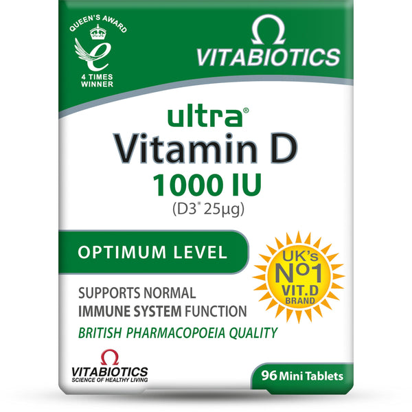 Vitabiotics Vitamin D Tablets 1000iu packaging contains 96 mini tablets, promoting bone health and immune support. It highlights British Pharmacopoeia quality, is the UKs No.1 Vitamin D brand, and features a green and white design with a Queens Award emblem.