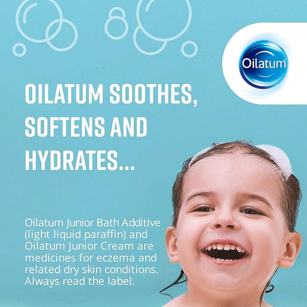 A happy child with wet hair appears with Oilatum branding. Text states: Oilatum soothes, softens, and hydrates, promoting the Oilatum Junior Bath Emollient Additive (150ml) for eczema relief and dry skin. Bubbles float near the Oilatum logo in the background.