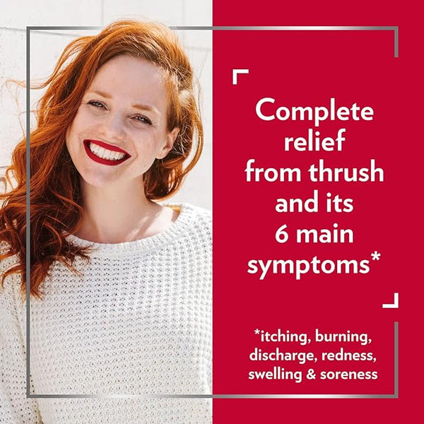 A smiling person with long red hair and a white sweater is featured. Text on a red background states: Get complete relief from thrush and its 6 main symptoms* with Canesten Thrush Combi Soft Gel Pessary & Cream (75g) - a trusted yeast infection solution. *Includes itching, burning, discharge, redness, swelling & soreness.