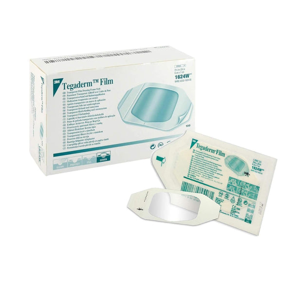 3M Tegaderm Film Dressings are transparent dressings crucial for wound care. Each single dressing measures 6cm x 7cm, featuring a clear adhesive film with white paper backing and comes in packaging that displays product information and branding.