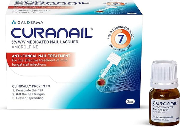 The image shows Curanail Fungal Nail Treatment, a box and bottle of 5% w/v amorolfine medicated nail lacquer. The packaging highlights its clinical efficacy and once-weekly formula for treating mild fungal nail infections over a continuous 7-day period.