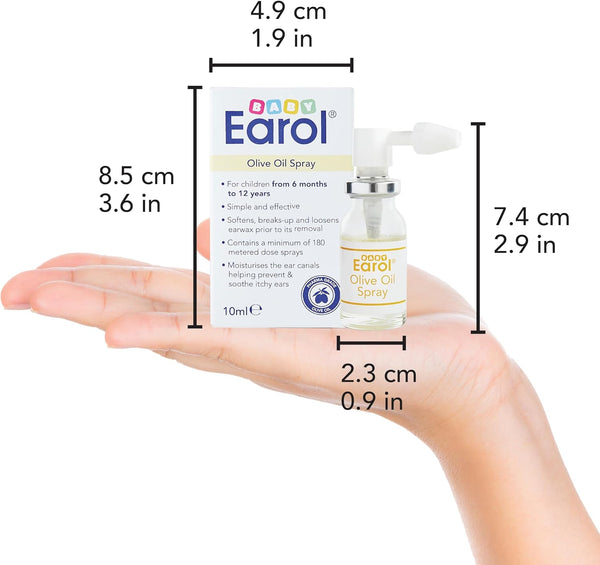 A hand holds a 10ml Earol Baby Olive Oil Spray, a metered dose spray for ages 6 months to 12 years. The bottle is 9.9 cm tall, while both the bottle and box are 8.5 cm high and 3.6 cm wide.