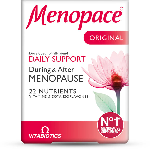 Vitabiotics Menopace Original (90 tablets) by Vitabiotics offers daily support during and after menopause with 22 nutrients, including soya isoflavones, in a convenient one-a-day formula.