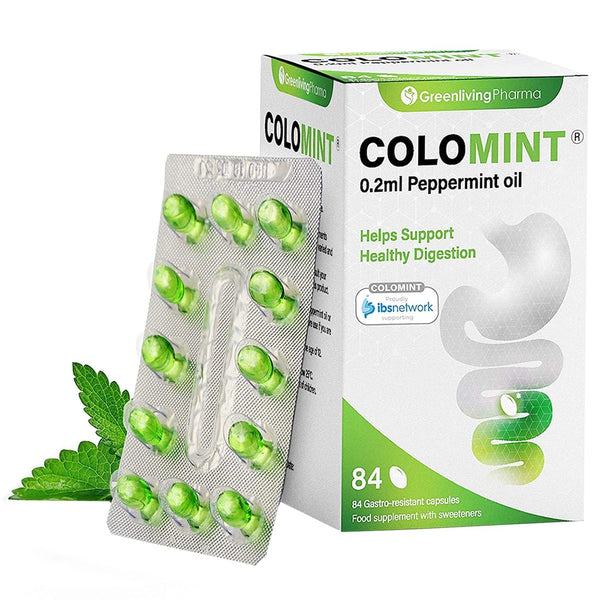 A box of Colomint Peppermint Oil Capsules containing 84 gastro-resistant green capsules features a green leaf design and digestive tract illustration, claiming to relieve digestive discomfort. A blister pack of the capsules is seen beside the box.