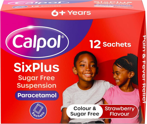 Calpol Six Plus Sugar Free Sachets (12) provide pain and fever relief in strawberry flavor, ideal for children 6 years and older. The vibrant red and purple package contains paracetamol sachets.