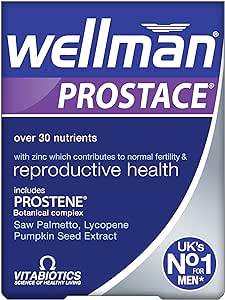 The image displays Wellman Prostace by Vitabiotics, a male health supplement with zinc, Saw Palmetto, Lycopene, and Pumpkin Seed Extract. Its touted as the UKs No. 1 choice for reproductive health support.