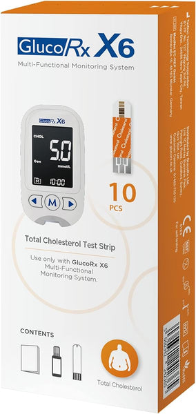 The image shows a GlucoRx X6 Cholesterol Monitoring System box with 10 Gluco Rx X6 Total Cholesterol Test Strips. The monitor reads CHOL 5.0 mmol/L, and contents are listed on the side.
