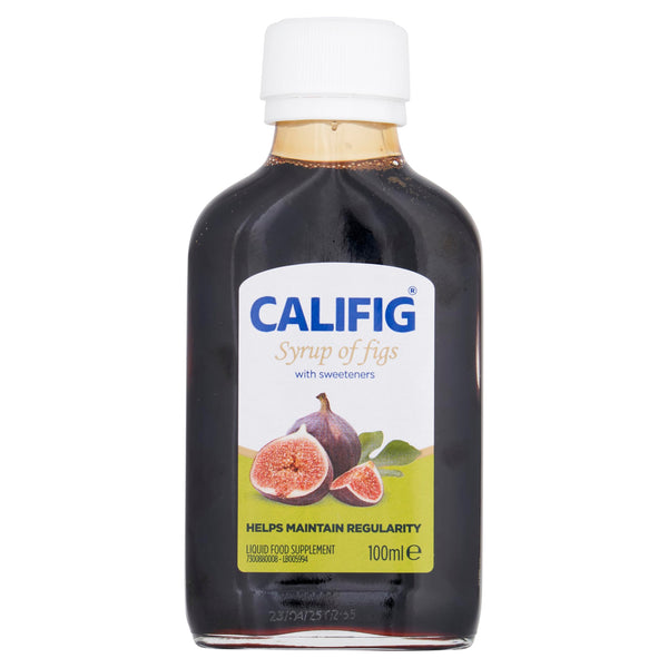Califig Syrup of Figs (100 ml) by Califig is made with natural ingredients. The label shows figs and says Helps maintain regularity. It comes in a bottle with a white cap and contains clear, dark brown liquid.