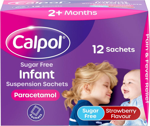 Calpol Infant Sachets Sugar Free 2 Months+ (12) by Calpol: Strawberry-flavored paracetamol in pink and purple packaging, featuring child and baby images. Offers pain and fever relief for children aged 2 months and older with 12 sachets included.
