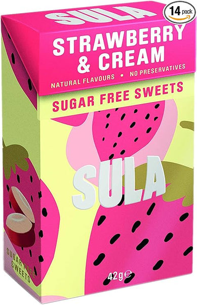 Sulas sugar-free sweets offer a delightful strawberries & cream flavor in pink and green packaging with strawberry illustrations, emphasizing natural ingredients and no preservatives. Weighing 42g, the box features an image of these delectable treats.