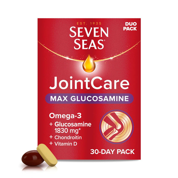 A red box of Seven Seas Joint Care Max Glucosamine DUO pack (30 capsules/30 tablets) offers advanced mobility support with omega-3, glucosamine, chondroitin, and vitamin D. Two capsules are displayed in front of the box.