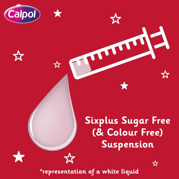 A red backdrop with white stars and a dropper syringe showcases Calpol Six Plus Suspension Sugar Free (80ml) alongside *representation of a white liquid. The Calpol logo is displayed, emphasizing this gentle yet effective paracetamol suspension for childrens pain relief.