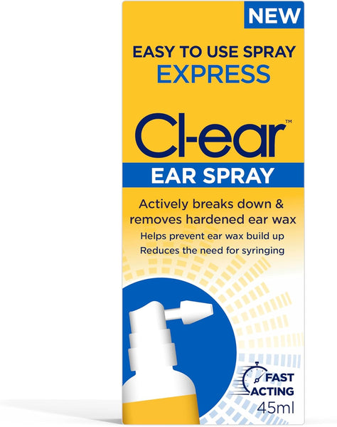 The image displays a box of Cl-ear Express ear spray (45ml), showcasing its effectiveness in breaking down and clearing hardened earwax to improve hygiene, while highlighting the fast-acting formula that reduces the need for syringing.