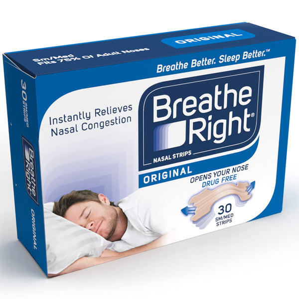 A box of Breathe Right Nose Strip Natural (S/M) by Breathe Right shows a man sleeping, and highlights drug-free nasal congestion relief, improved airflow, and contains 30 strips for instant comfort.