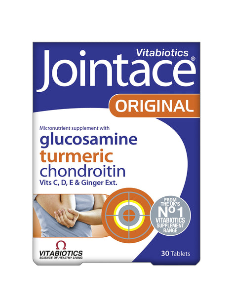 The image shows a box of Vitabiotics Jointace Original (30 Tablets) with glucosamine, turmeric, chondroitin, vitamins C, D, E, and ginger extract, hailed as the UKs top vitabiotics supplement.