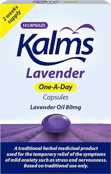 Image of the Kalms One-a-Day Lavender package. The box highlights 14 Capsules, One-A-Day, and Lavender Oil 80mg. This herbal remedy traditionally relieves mild anxiety, stress, and nervousness.