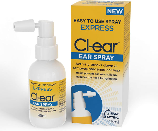 The 45ml Cl-ear Express ear spray is packaged in a predominantly white box with blue and yellow accents. It highlights easy to use, fast acting, and effectively removes ear wax for superior ear hygiene.