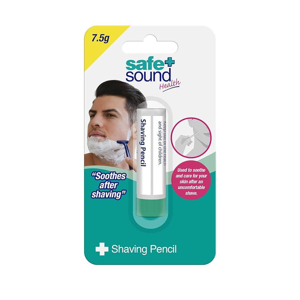 A pack of Safe and Sound Shaving Pencil (7.5g) shows a man using the pencil after shaving. The packaging highlights its soothing effect as an effective treatment for shave cuts. Brand: Safe and Sound.