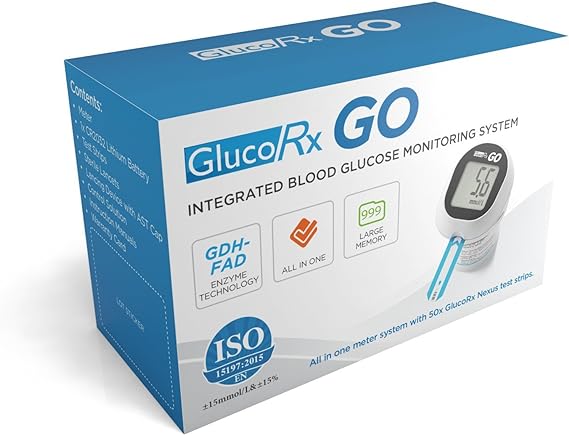 The GlucoRx Go Meter box, in blue and white, highlights features like GDH-FAD enzyme technology and large memory for diabetes management, featuring an image with the Glucorx Go Meter (50 Strips) displaying a reading.