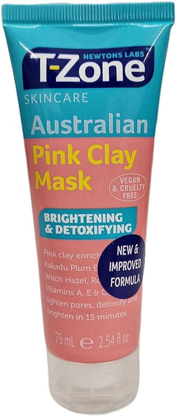 Tyzones Australian Pink Clay Mask from T-Zone, available in 75 ml (2.54 fl oz), features vegan, cruelty-free ingredients and Kakadu Plum Extract. Its new and improved formula brightens and detoxifies skin, presented in eye-catching pink and blue packaging.