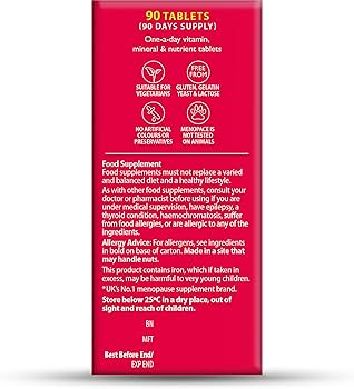 Back of a Vitabiotics Menopace Original (90 tablets) box displays supplement info, nutrients, usage, and warnings. Icons show its vegetarian, gluten free, no artificial colors/preservatives. One-a-day formula by Vitabiotics.