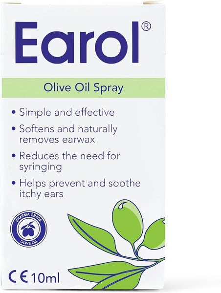 Earol Olive Oil Spray (10ml) by Earol: Simplifies ear hygiene, softens and removes earwax, may reduce syringing, and soothes itchy ears. Features olive branch illustration and 10ml label.
