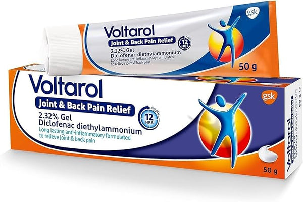 Voltarol Max Strength Pain Relief Gel 2.32% (50g) offers 12-hour joint pain relief with diclofenac diethylammonium, packaged in orange and blue with the brand logo.