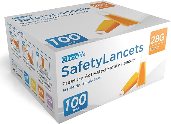 Image of a GlucoRx Safety Lancets box, highlighting Pressure Activated Safety Lancets for diabetes management. The sterile tip is designed for safe blood glucose testing. The box includes 100 pieces of 28G, 1.8mm lancets, with an illustrative side for clarity.